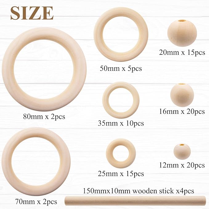 93 Pcs Macrame Kit Includes 4pcs Macrame Wooden Sticks 34pcs Wooden Rings Circles 55pcs Wood Beads Unfinished Wood Rings Beads Sticks for Macrame Wall Hanging Craft DIY Plant Hangers Crafts Knitting