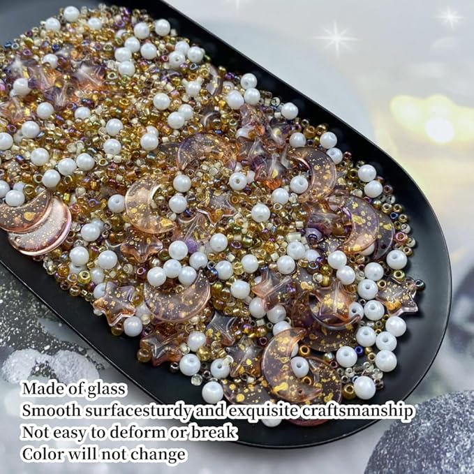 Assorted Glass Beads for Jewelry Making Multi Size Colors Glass Star Moon Seed Pearl Spacer Beads for Bracelets Necklace Earring Making(White Brown)