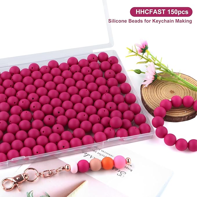 150Pcs 15mm Silicone Beads for Keychain Making Bracelet Necklace, Bulk Round Silicone Beads for Pens(Magenta)