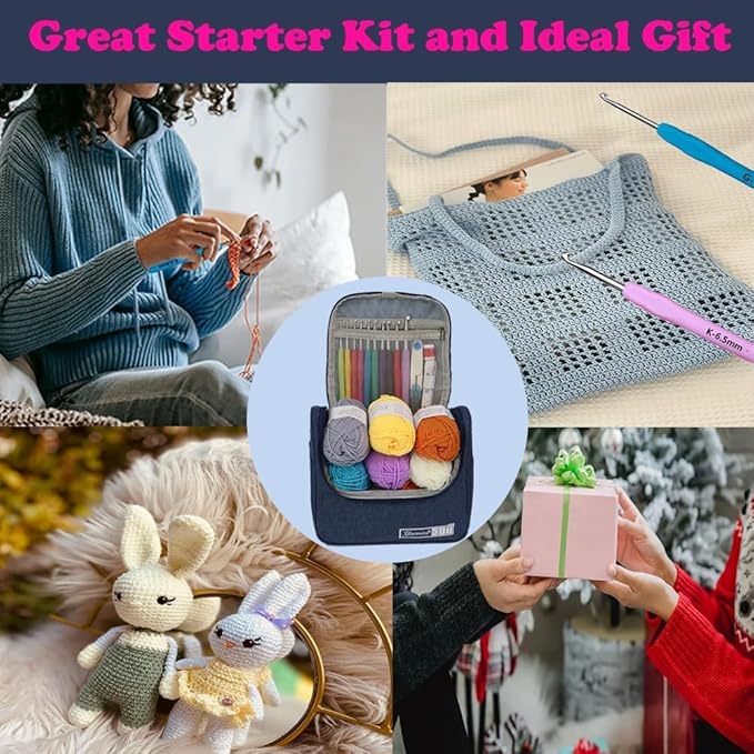 yarniss crochet kits for beginners,all in one crochet kits with 840 yards crochet yarn,ergonomic crochet hooks set with yarn for adults,navy