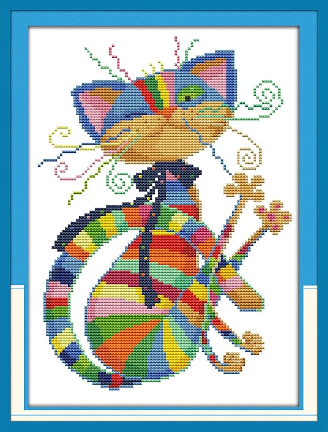 Funcrostitch Counted Cross Stitch Kits for Beginners,14ct Unprinted Pattern Embroidery Kit Dmc Cotton Threads Needleworks for Adults-Colorful Cat 9.8"×13"