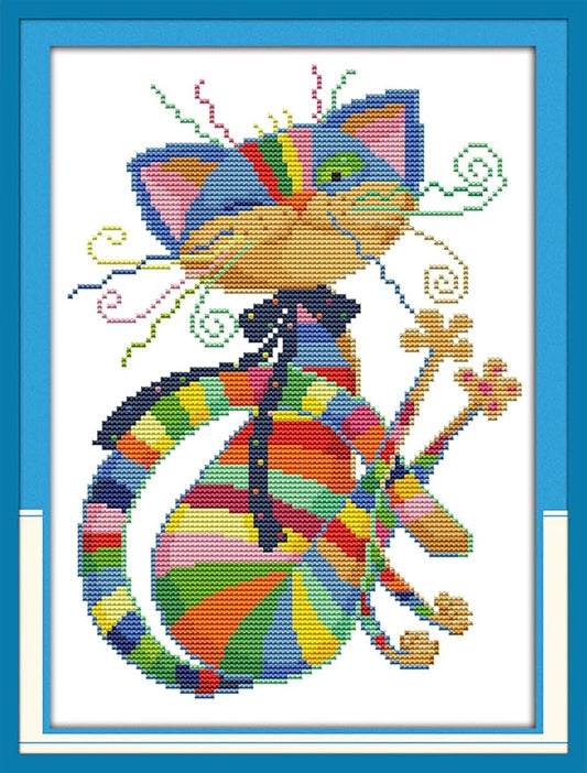 Funcrostitch Counted Cross Stitch Kits for Beginners,14ct Unprinted Pattern Embroidery Kit Dmc Cotton Threads Needleworks for Adults-Colorful Cat 9.8"×13"