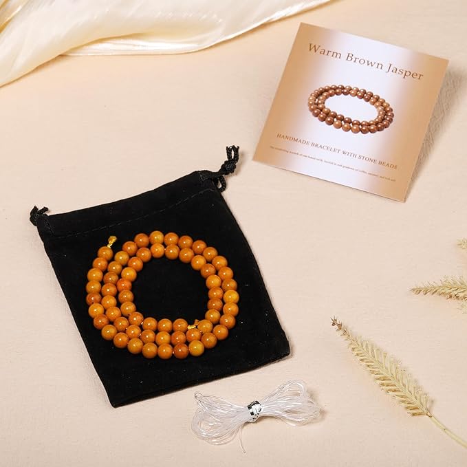 Stone Beads, 45pcs Warm Brown Jasper, 8mm Round Loose Beads for Jewelry Making, Bracelets, with Bag, String & Card