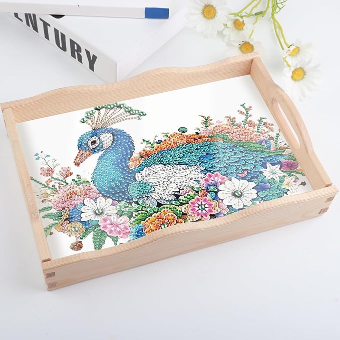AiYuanzsh 5D Diamond Art Tray with Handle for Adults DIY Diamond Art Plate Kits Peacock Picture Diamond Art Painting Dinner Plate for Coffee Living Room Home Organizer Parties Family Gatherings