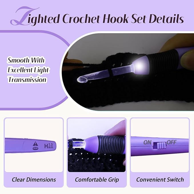 Yarniss 9 Pieces Lighted Crochet Hooks with Case,2.5 mm-6.5 mm LED Light Crochet Hooks for Dark Yarn with Battery,Purple