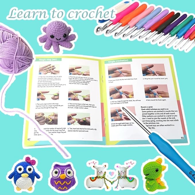 yarniss crochet kits for beginner, all-inclusive crochet kit for adults with 14 size ergonomic crochet hooks,12 crochet yarns balls & crochet bag,bright blue