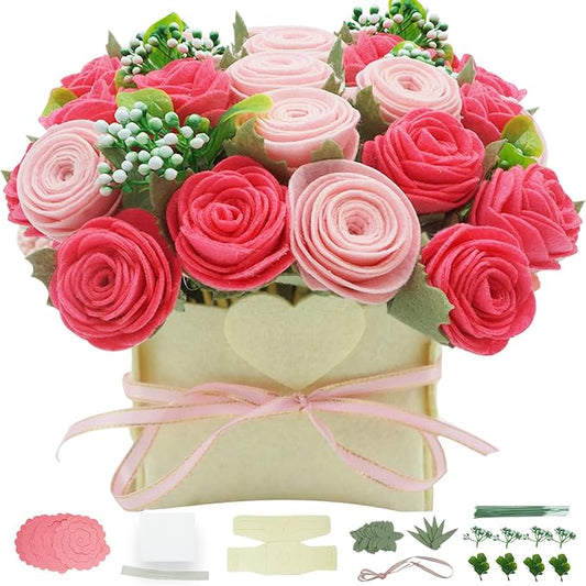 BAZIMA ALICE DIY Felt Flower Kit - Pink Rose Bouquet Kit, Floral Gifts - Arrange Pre-Cut Flowers and Foliage