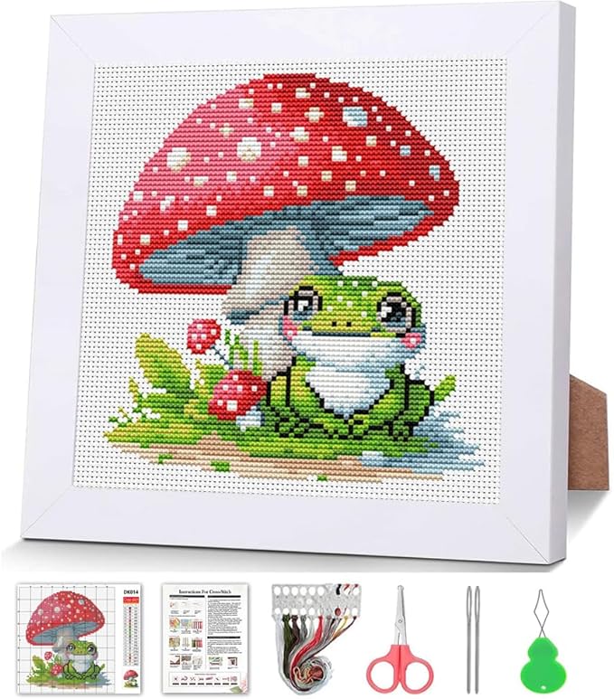 VIGEGU Frog Cross Stitch Kits,Mushroom Stamped Cross Stitch Kits for Beginners Adults with Wooden Framed,Partial 11CT Cross-Stitch Embroidery Kit,Crafts for Girls 8-12 Cross Stitch 7.9x7.9inch