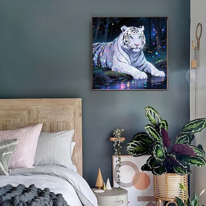 GEMFAMILY Tiger Diamond Art Kits for Adults, 5D Diamond Painting Kits for White Tiger, DIY Round Full Drill Diamond Art Craft for Home Wall Decor13.8 X 13.8inch