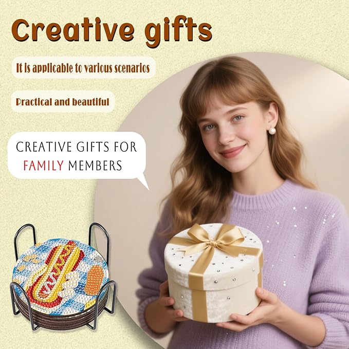 8 Pcs Delicious Food Diamond Art Coaster Kits with Holder,Diamond Painting Coasters for Adults Beginners,Party Home Decor Abstract,Fun Gifts for Women