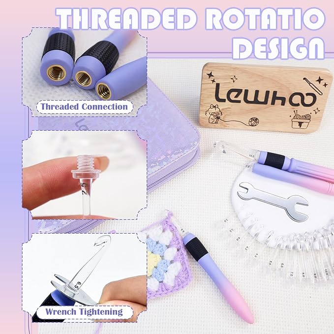 Lewhoo 17 Sizes Ergonomic Crochet Hook Set with Case 2.5mm-14.0mm, 3PCS Interchangeable Handles with Screw-Lock Connection, All in One Crochet Set for Beginner
