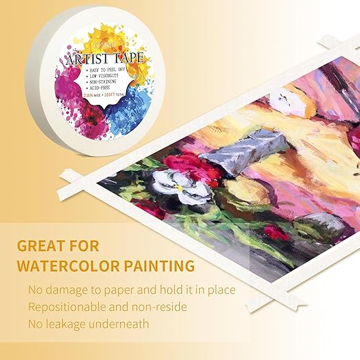White Artist Tape for Watercolor Paper Drafting Art Low Tack Masking Tape Acid Free Painter Watercolor Tape for Painting Canvas Framing, 0.8 inch Wide 165FT Long Total