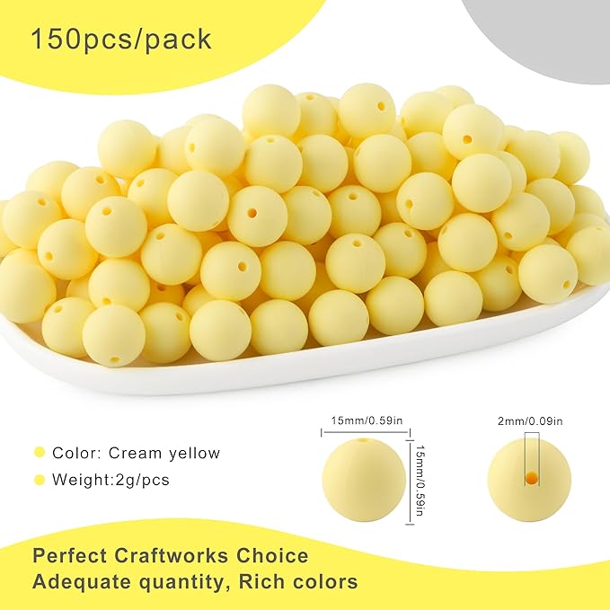 150Pcs 15mm Silicone Beads for Keychain Making Bracelet Necklace, Bulk Round Silicone Beads for Pens(Cream Yellow