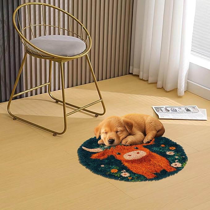 Latch Hook Round Rug Kit Cute Orange Baby Highland Cow Stamped Handmade Round Shape Carpet Crochet Yarn Craft DIY Hook and Latch Door Mat Tapestry Christmas Home Floor Decor 50x50cm-115