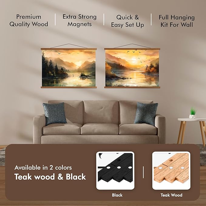 Travelization Magnetic Poster Hanger 18” Poster Frame with Strong Magnets, Complete Hanging Kit for Posters, Art, Maps, and More, Fits 18x18, 18x20, 18x24, and 18x30, Teak Wood