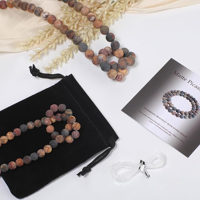 Stone Beads, 45pcs Matte Picasso Jasper, 8mm Round Loose Beads for Jewelry Making, Bracelets, with Bag, String & Card