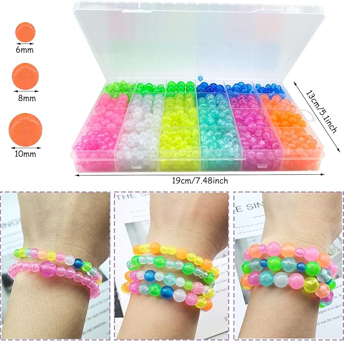 1016Pcs Glow in The Dark Round Beads, 6mm 8mm 10mm Luminous Round Bead Acrylic UV Color Changing Bracelet Beads Sun Sensitive Plastic Glow Bead Bulk for Jewelry Making Bracelets Necklace