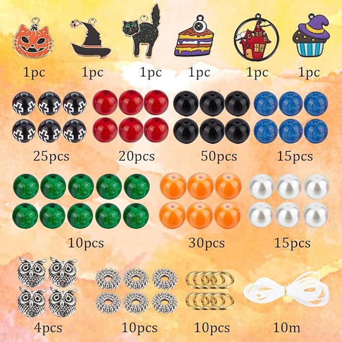SUNNYCLUE 1 Box 6 Set Halloween Bracelet Making Kit Halloween Bead Magic Witch Hat Charm Pumkin Charms Glass Beads for Jewelry Making Kits Beginners Starter Adults Women Adult