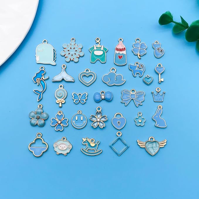 Youdiyla 60pcs Alloy enamel lake blue series fixed set Pendant Jewelry Making DIY Keychain Earrings Pendant Various Design Charms for Jewelry Making Bracelets Necklace (HK552)