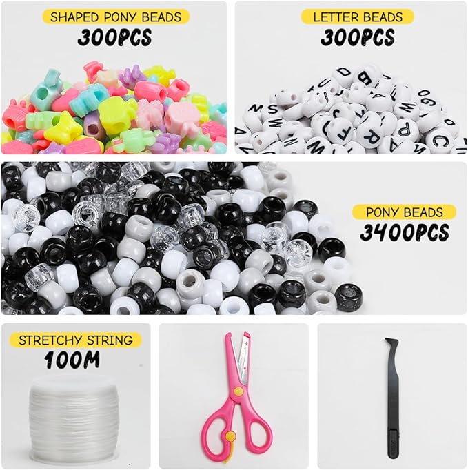 iooleem black white solid & glitter bulk pony beads - 4000pc kit for friendship bracelets & jewelry making, easy storage