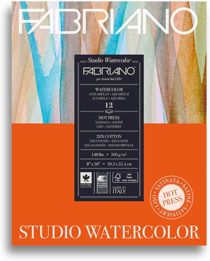 Fabriano Studio Watercolor Pad, Hot-Press, 8" x 10", 140 lb., 12 Sheets