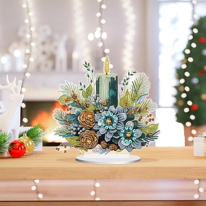 MVVMTOP Christmas Diamond Painting Kits Tabletop Decoration, DIY Candle & Flower, 5D Diamond Art Home Ornament By Number Mosaic Arts Crafts for Home Office Acrylic Tabletop Decor, New Year Gift