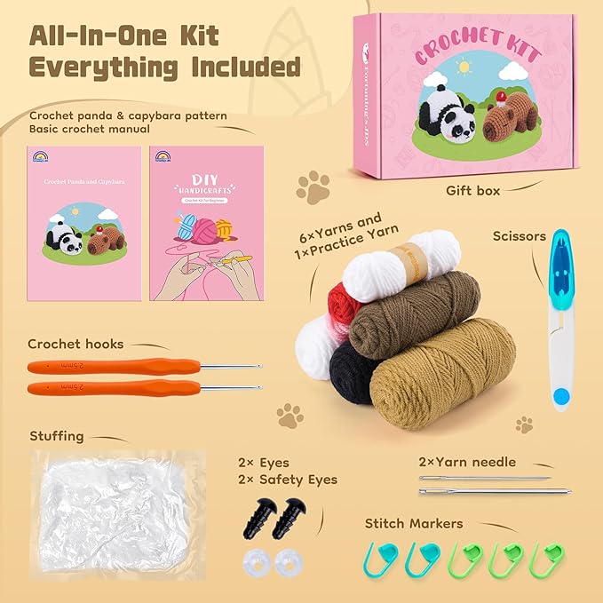 fortuning's jds crochet kit for beginners, panda & capybara crochet animal kits, easy crochet kit for adults, complete diy craft knitting kit w/step-by-step video tutorials christmas gifts