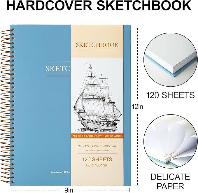 9 x 12 inches Hardcover Sketchbook for Drawing 120 Sheets Spiral Bound Sketch Pad Premium Art Sketchbook Artistic Drawing Painting Writing Paper(68lb/100gsm) for Kids Adults Beginners Artists, Blue