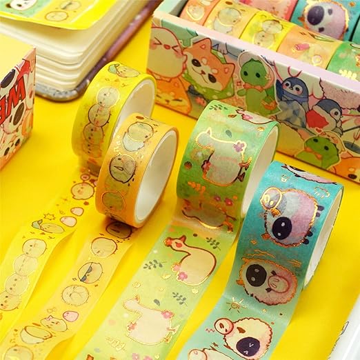 YUBX Cute Pets Washi Tape Set 13 Rolls Wide Gold Embellishment Decorative Masking Tapes for Arts, DIY Crafts, Journals, Planners, Scrapbook, Wrapping (Animal Kindergarten)