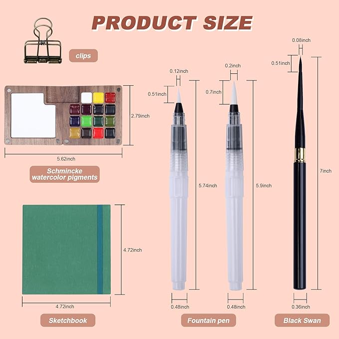Mini Watercolor Paint Set, Portable Travel Art Kit with Wooden Palette, 15 Colors Pigments, Watercolor Pad, Water Brush Pens and Accessories for Artists
