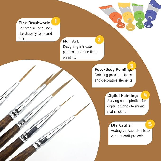 Rigger Liner Brushes, 6 Pcs Extra Long Fine Tip Paint Brush Set Script Pinstriping Scroll Outlining Brush for Watercolor Acrylic