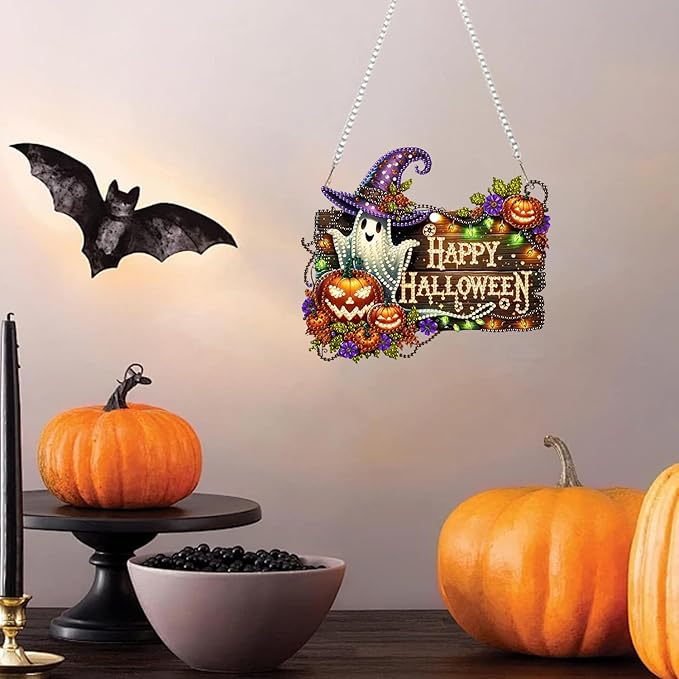 AIBOERL Diamond Art Hanging Kit for Adult,Special Shaped Rhinestone,Double Sided 5D DIY Acrylic Diamond Art Painting Window Pendants Home Garden Wall Hanging Kits Hanging Ornament (Halloween)