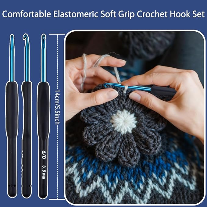 9 Sizes Crochet Hook Set,2mm-6mm Aluminum Crochet Kit for Beginners,Yarn Ergonomic Crochet Needles with Soft Grips for Arthritic Hands,Crochet Set with Small Tools,Ideal Crocheting Supplies,Dark Blue
