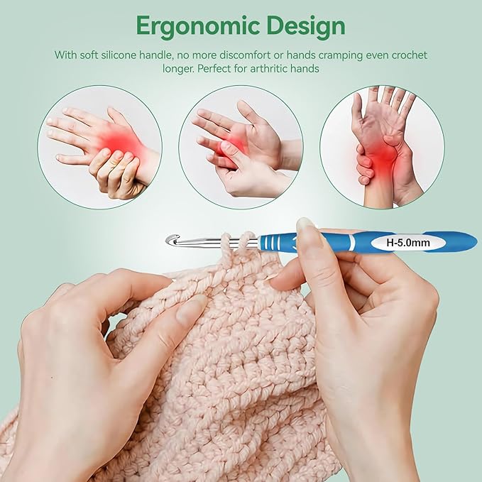 Dasonwin 60-Piece Ergonomic Crochet Hooks Set with Travel Case - Aluminum Crochet Needles Kit for Beginners & Experts, Arthritis-Friendly Design, Includes Stitch Markers & Accessories (Green)