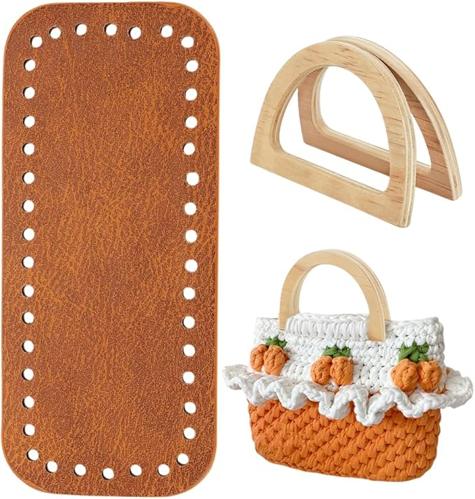 PH PandaHall Crochet Bag Making Kit, 7x3 inch Brown PU Leather Bag Bottom Bases with 2pcs 4.7x3.3 inch D Shape Wooden Handles Purse Handle for DIY Knitting Bags Handbag Shoulder Bags Making