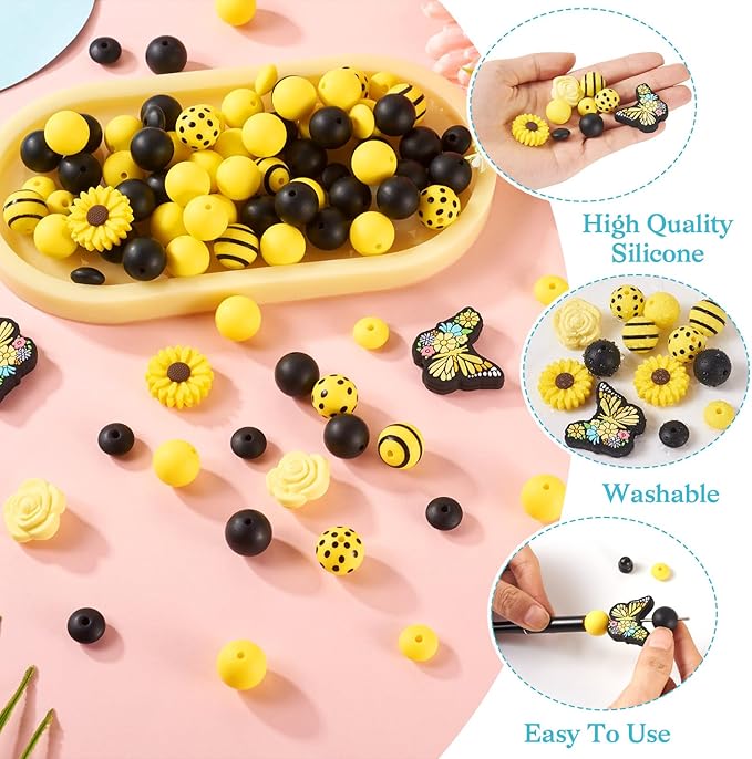 96 Pcs Butterfly Silicone Focal Beads for Keychain Yellow Silicone Loose Beads for Bracelet Making Rondelle Flower Daisy Beads for Women Jewelry Making DIY Birthday Supplies