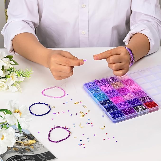 Vtssvow 3mm Glass Seed Beads for Bracelets Making, 24 Colors 10000pcs Friendship Bracelet Making Kit, Small Glass Beads for Jewelry Making (Mix 24 Color, Purple)