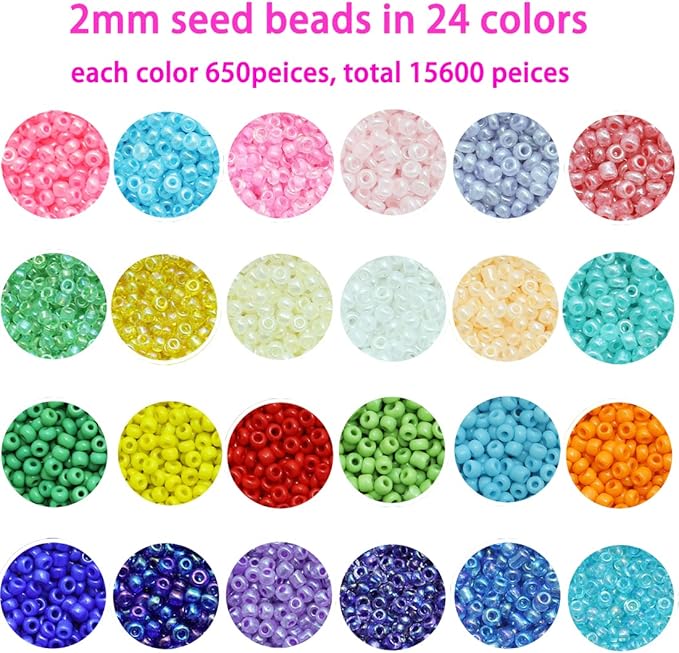 31200pcs Glass Seed Beads 48 Colors 2mm 12/0 Bracelet Beads for Jewelry Making Kit with Letter Alphabet Beads, 2 Rolls Elastic String Cord, Charms and Jump Rings for Jewelry Making（48 Colors）