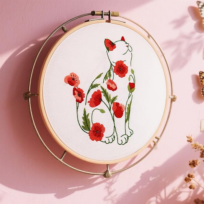 Crafmanoe Cat Embroidery Kits for Beginners Adults, Flowers Embroidery Starter Kits, Counted Cross Stitch Kits for Beginners Adults Hobbies Set for Women, Embroidery Hoops, Thread and Video Tutorial