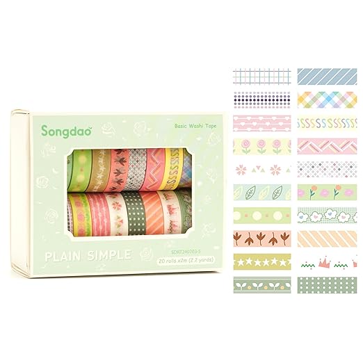 20 Rolls Basic Washi Tape Set Japanese Arts Adhesive Tapes Simple Patterns Decorative Masking Tape Sets for Craft, Kids, Scrapbook, DIY, Gift Wrapping (Style Five)