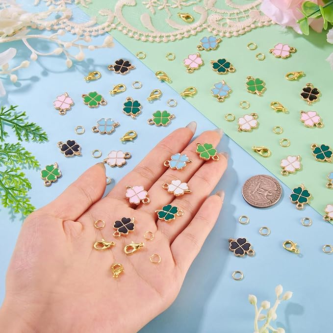 Cheriswelry St. Patrick's Day Craft Supplies Green Clover Four Leaf Pendants Shamrock Enamel Charms with Alloy Lobster Clasp Jump Rings 18x12x2mm for DIY Bracelet Necklace Earring 260Pcs/Set