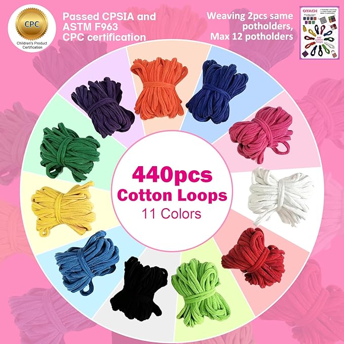 OYACH 440pcs 7inch Cotton Potholder Weaving Loom Refill Loops,11 Colors Rainbow Loops Bands,Pot Holder Loom Loops Pack with Hooks for Kids Adults DIY Crafts,12pcs Cotton Potholders(Loom not Included)