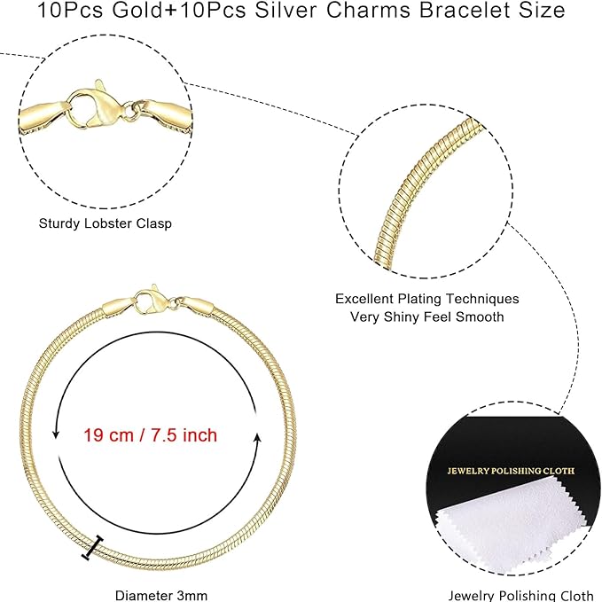 20 Pcs Snake Charm Bracelet Chain 7.5 Inch Gold Silver Charm Bracelet Kit, Dainty Stackable Snake Chain Bracelets with Polishing Cloth for Christmas Mother's Day Women Jewelry Making Gifts Supplies