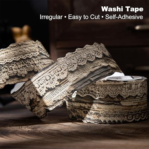 Retro Lace Washi Tape Set, 6 Rolls 1.57in x 78.74in Each - Irregular Edge, 14.96in Repeat Loop Prints, Self-Adhesive for Scrapbooks, Journals, Planners, Collage, Cards