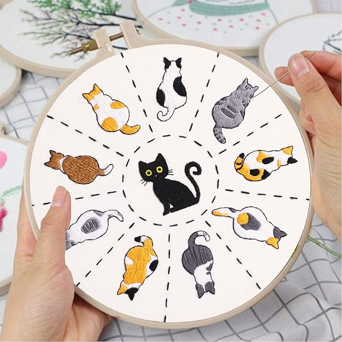 Louise Maelys Cats Beginners Embroidery Kits,Cross Stitch Starter Kit for Adults with Cloth Hoop Needles Instruction and Threads