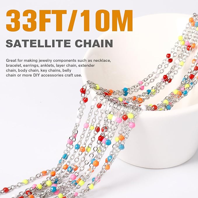 33 Feet Stainless Steel Enamel Chains Bulk, 2mm 304 Stainless Steel Colorful Enamel Beaded Cable Link Chain Roll Spool for Jewelry Making