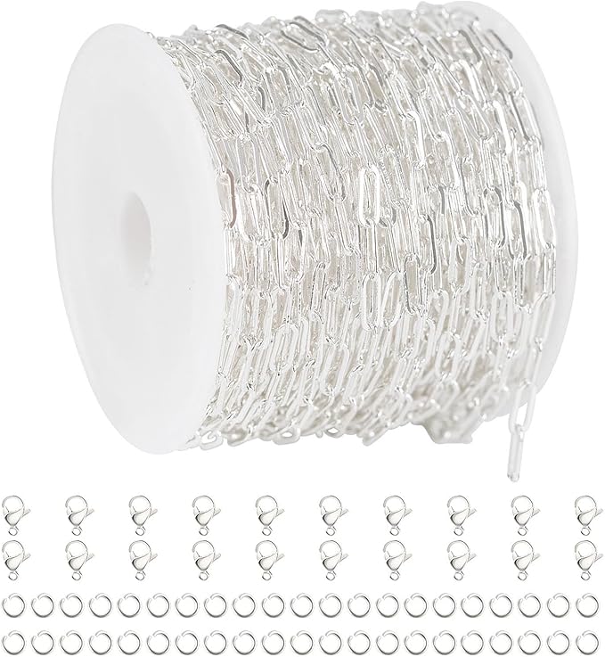 YOUBEIYEE 32.8 Feet Silver Paperclip Chain for Jewelry Making Silver Plated Brass Chain Roll for Women Necklace Bracelet DIY Jewelry Supplies