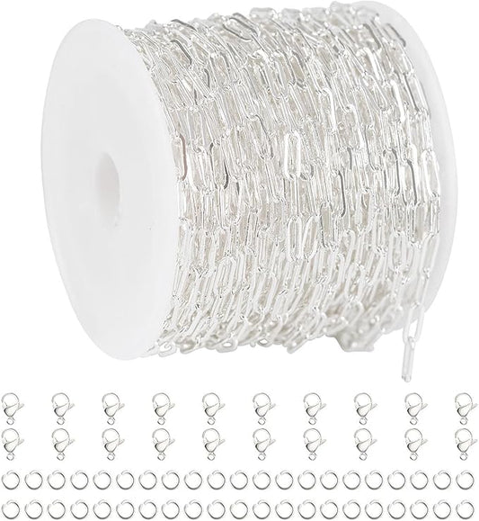 YOUBEIYEE 32.8 Feet Silver Paperclip Chain for Jewelry Making Silver Plated Brass Chain Roll for Women Necklace Bracelet DIY Jewelry Supplies