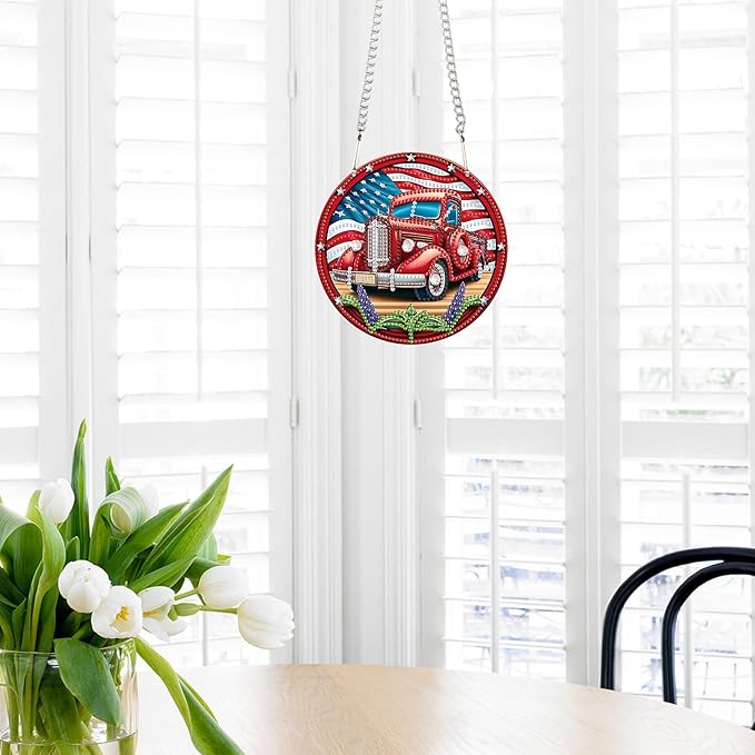 DIY Diamond Painting Hanging Kit – Independence Day Car Acrylic Pendant with 5D Special Shaped Rhinestones, Patriotic Wall or Door Decor, Handmade July 4th Gift for Art Lovers