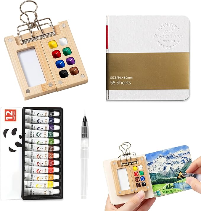 Mini Watercolor Paint Set Pocket Artist Watercolor Travel Set with Mini Paint Palette,Brushes, 12 Colors, Watercolor Sketchbook for Artists Painters Students(Bamboo)